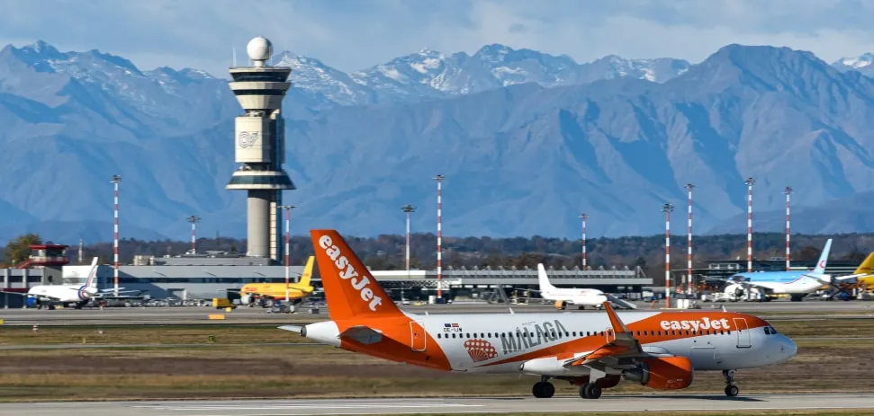 EasyJet airplane at airport with mountain backdrop